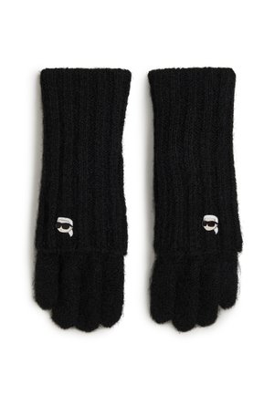 Black knitted gloves with ribbed texture, featuring finger openings and a small, white logo accent on the wrist area.
