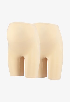 Giacche beige modellanti in tessuto elasticizzato, lunghezza a metà coscia, con una texture liscia e senza cuciture visibili; include una vita.