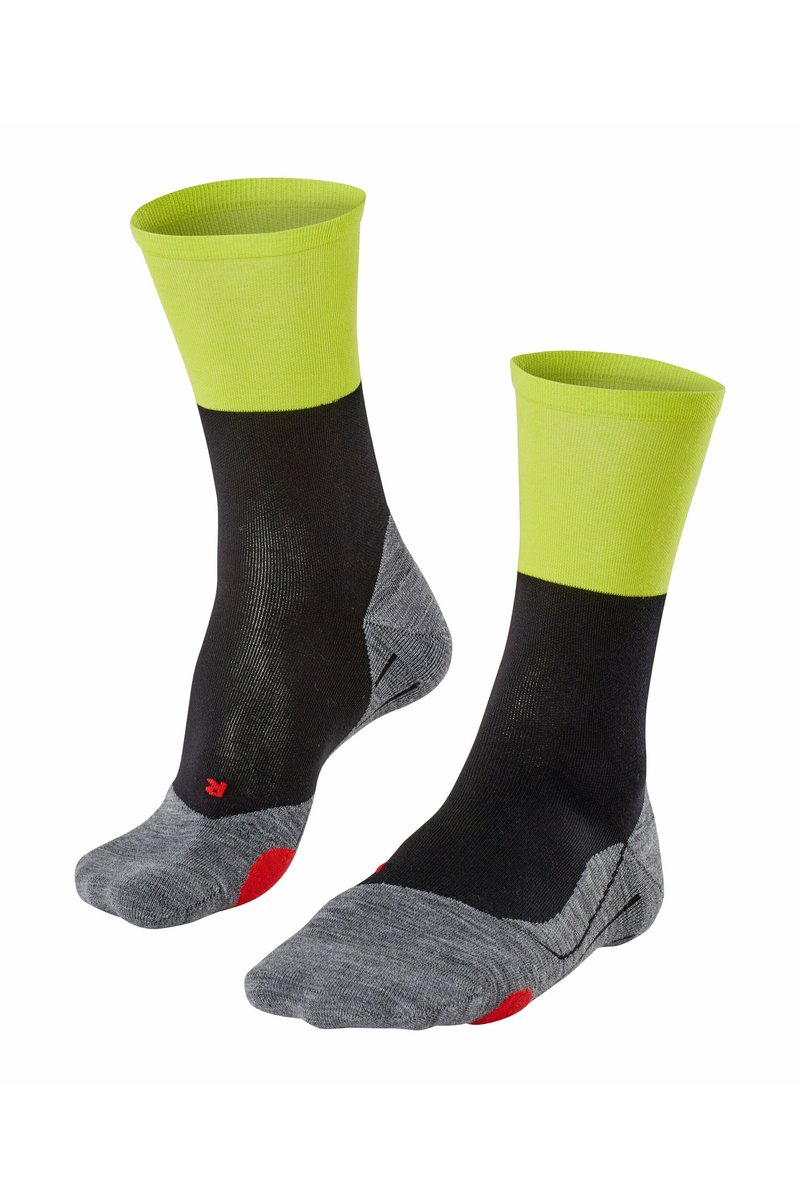 Chaussettes noires et grises avec une cheville vert clair, dotées d'une semelle rembourrée, d'une texture côtelée et d'accents rouges au talon et aux orteils.