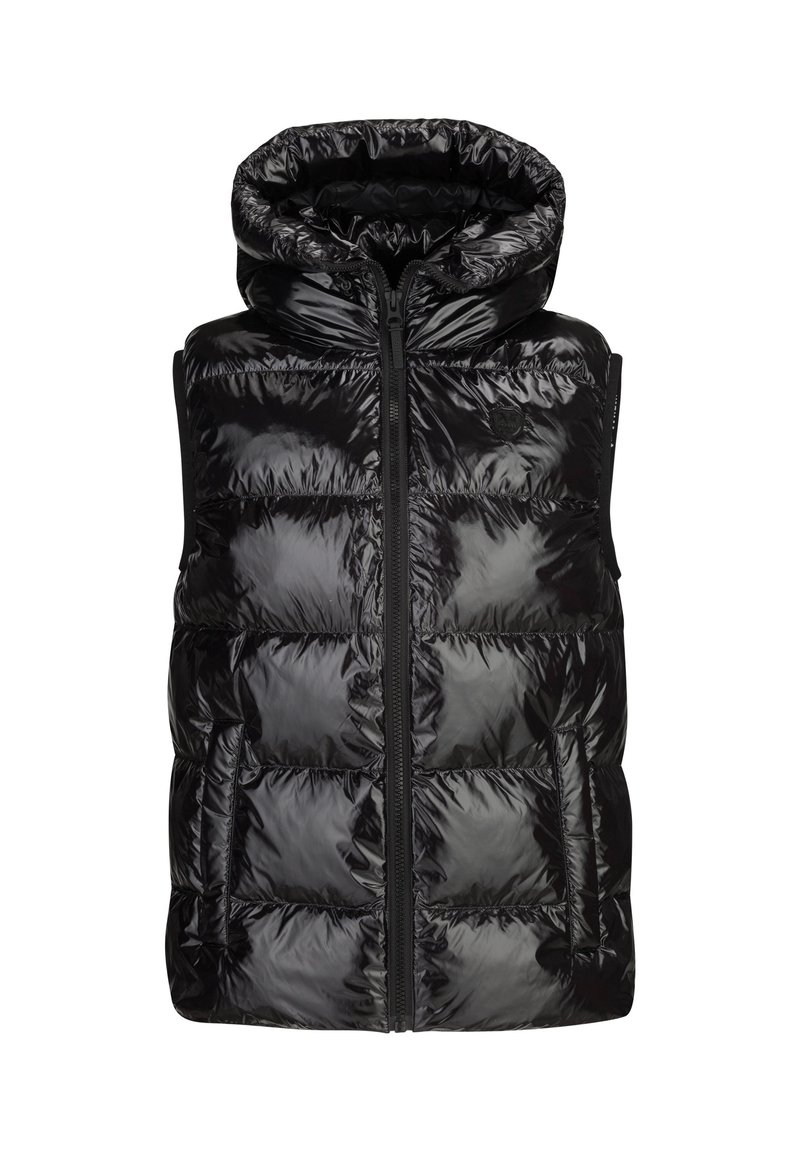 Schwarze, gepumpte Weste mit glänzender Textur, Kapuze und einem Reißverschluss auf der Vorderseite. Verfügt über genähte Quadrate und Seitentaschen zur Aufbewahrung.