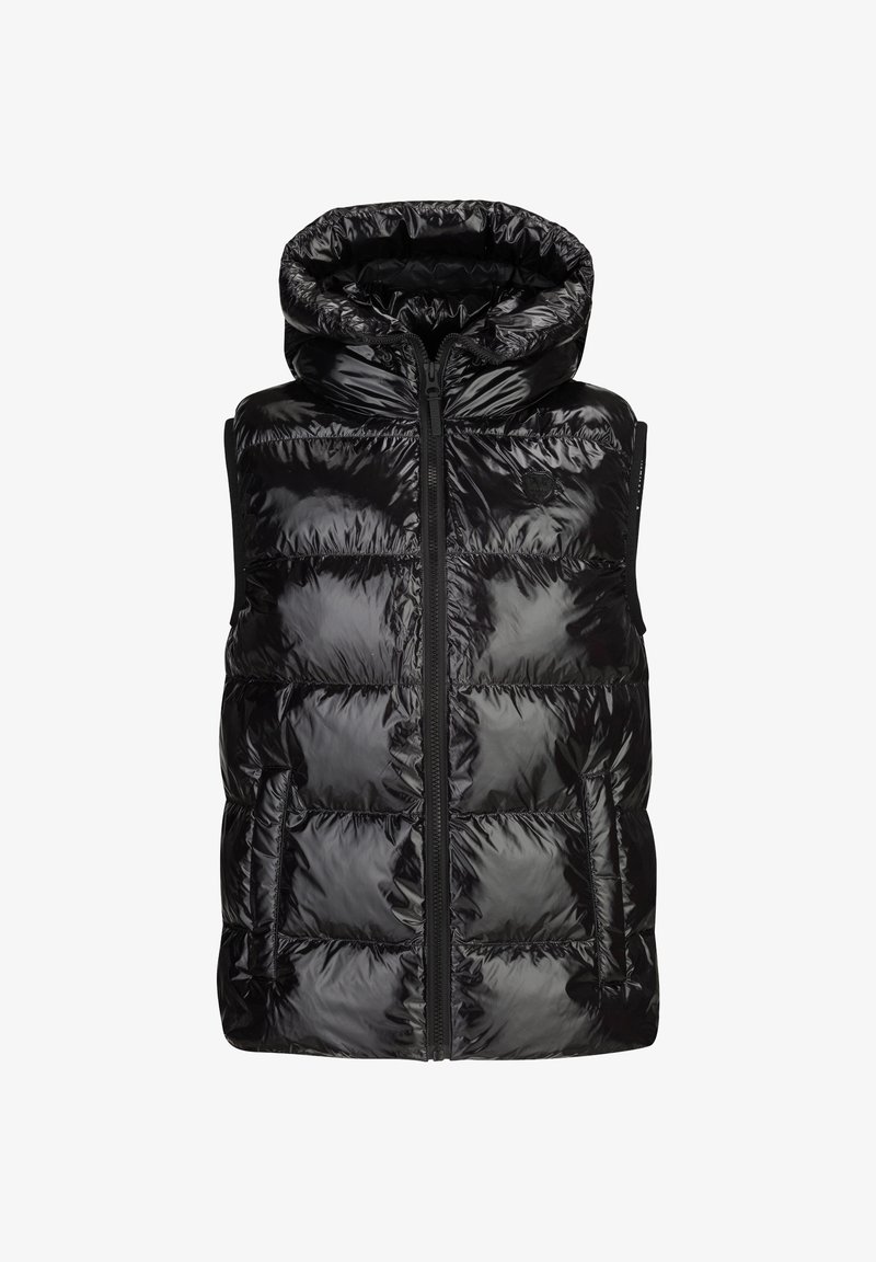 Schwarze, gepumpte Weste mit glänzender Textur, Kapuze und einem Reißverschluss auf der Vorderseite. Verfügt über genähte Quadrate und Seitentaschen zur Aufbewahrung.