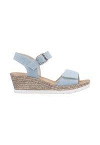 Wedge sandal with light blue denim upper, an adjustable buckle strap, and a jute-style espadrille midsole. White rubber outsole.