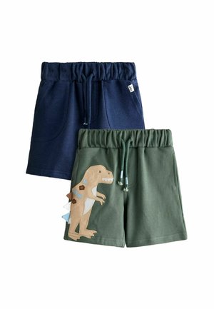 To par børne shorts med elastik i taljen, den ene marineblå med lommer, den anden grøn med dinosaurapplikation og snøre i taljen.