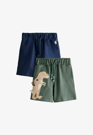 To par børne shorts med elastik i taljen, den ene marineblå med lommer, den anden grøn med dinosaurapplikation og snøre i taljen.