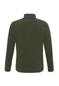 Pullover in pile verde oliva con collo alto, maniche lunghe e una texture morbida. Design semplice, senza tasche o chiusure visibili.