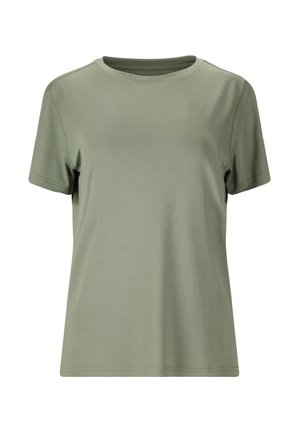 Kortærmet olivengrøn t-shirt med rund hals og minimale syningsdetaljer, vist på en hvid baggrund.