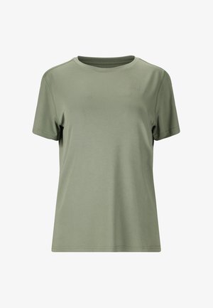 Kortærmet olivengrøn t-shirt med rund hals og minimale syningsdetaljer, vist på en hvid baggrund.