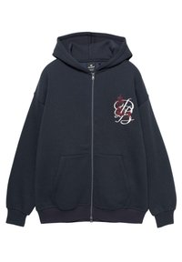 Hanorac zip-up de culoare bleu închis, cu buzunare frontale, glugă și un design floral brodat în roșu și alb pe partea stângă a pieptului.