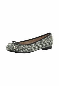 Bailarinas de tweed en blanco y negro con punta redondeada, acento de lazo y un pequeño detalle metálico, con un bajo tacón de goma negra.