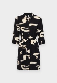 Abito nero con patterns astratti crema, chiusura frontale con bottoni, colletto, maniche a tre quarti e una cintura coordinata da legare in vita.