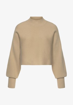 Beige ribbade knit-kroppsvärmare med långa ballongsärmar och hög rund halsringning.