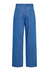 Jeansi cu picioare largi din denim albastru, cu talie înaltă, două buzunare în spate și dungi verticale subtile. Terminați cu o tiv standard.