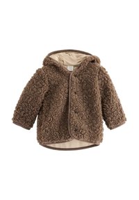 Brun fluffy jakke med hætte, lavet af tekstureret fleece-stof. Har trykknapper og en kontrasterende blød foring i tan.