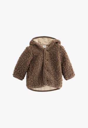Braune flauschige Jacke mit Kapuze, aus strukturiertem Fleece-Material. Verfügt über Druckknöpfe und ein kontrastierendes, weiches Innenfutter in Beige.