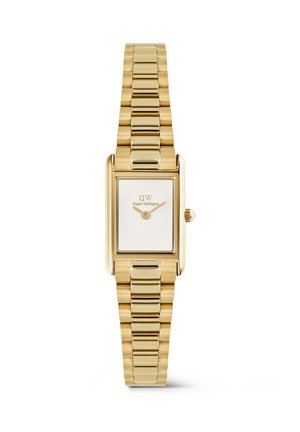 Gouden rechthoekig horloge met metalen schakelband, witte wijzerplaat zonder cijfers, en gouden uur- en minutenwijzers op 2:10.