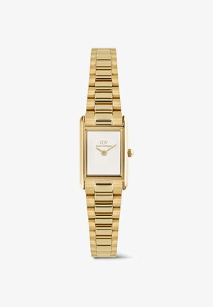 Reloj de pulsera rectangular dorado con correa de metal enlazada, esfera blanca, sin números y agujas doradas de hora y minuto a las 2:10.