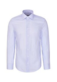Chemise habillée homme bleu clair à manches longues avec col pointu et boutons blancs sur le devant, présentée sur fond blanc uni.