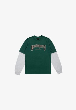 Groen shirt met lange mouwen en grijze mouwen eronder, met de tekst "Wasted Paris Always Faithful" in een gestileerd lettertype op de voorkant.