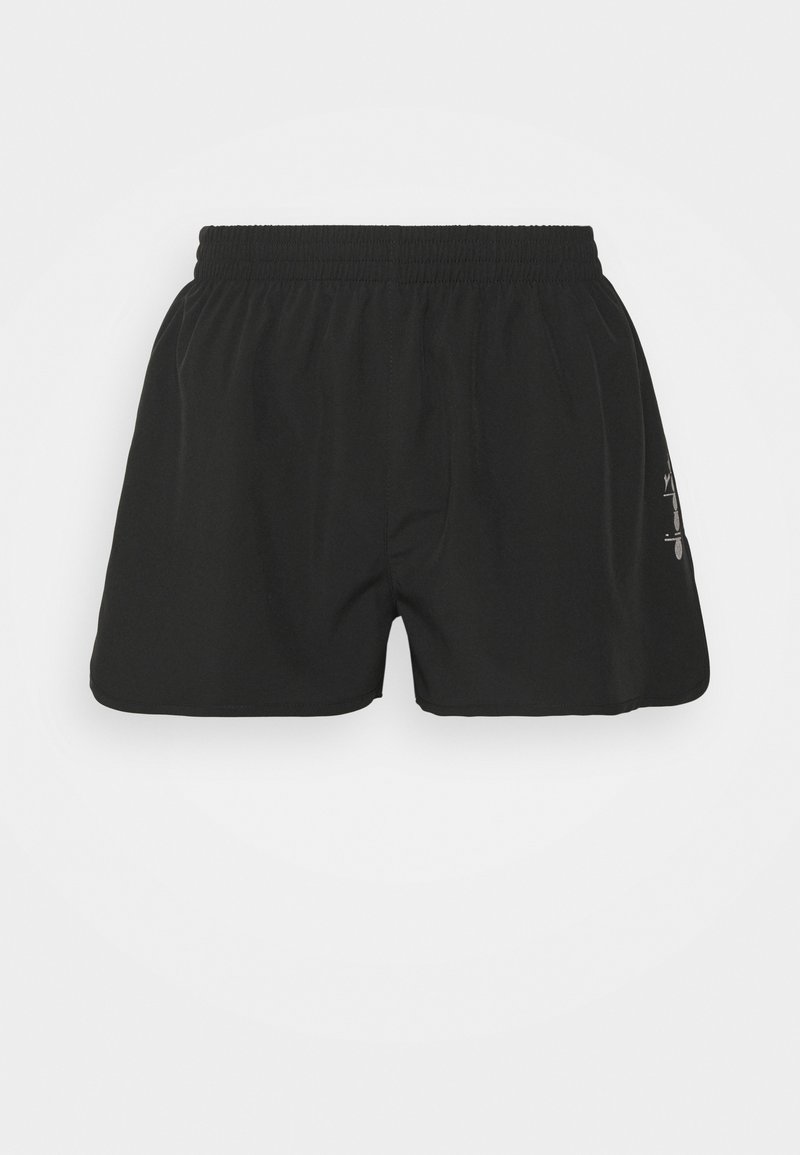 Pantaloni da bagno neri con vita elastica e tessuto leggero e morbido. Presentano un piccolo dettaglio grafico sul lato. Design semplice e funzionale.