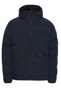 Mørkeblå pufferjakke med hætte, der har lynlås, to skrå frontlommer med lynlås og elastiske cuffe for isolering.