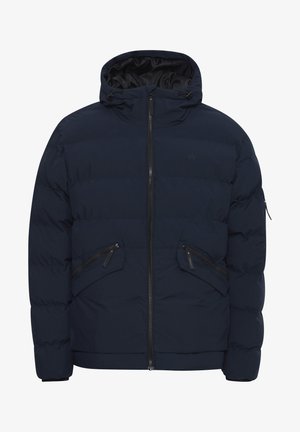 Chaqueta de plumas azul marino con capucha, que cuenta con un cierre de cremallera, dos bolsillos frontales inclinados con cremallera y puños elásticos para mayor aislamiento.