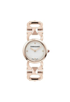 Round Ferragamo watch with a textured white dial, rose gold metal case, and a link bracelet featuring geometric shapes and accents.