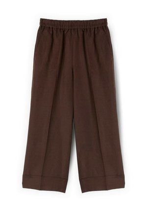 Brune bukser med vide ben, elastisk talje og opbuk i kanten, lavet af blødt, let stof.