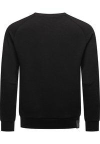 Sort sweatshirt, blandstof i bomuldsblanding, rund halsudskæring, ribbede manchetter og kant, samt et mærke på nederste venstre side. Klassisk, ensfarvet design.