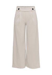 Beige High-Waist-weitbeinige Hose mit doppelter Knopf-Fassung und Vorderfalten, vor einem weißen Hintergrund präsentiert.
