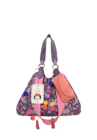 Paarse stoffen tas met roze banden, bloemmotief, 3D-pompons, franjes en een afneembare roze portemonnee. Heeft een Frida Kahlo-tag.
