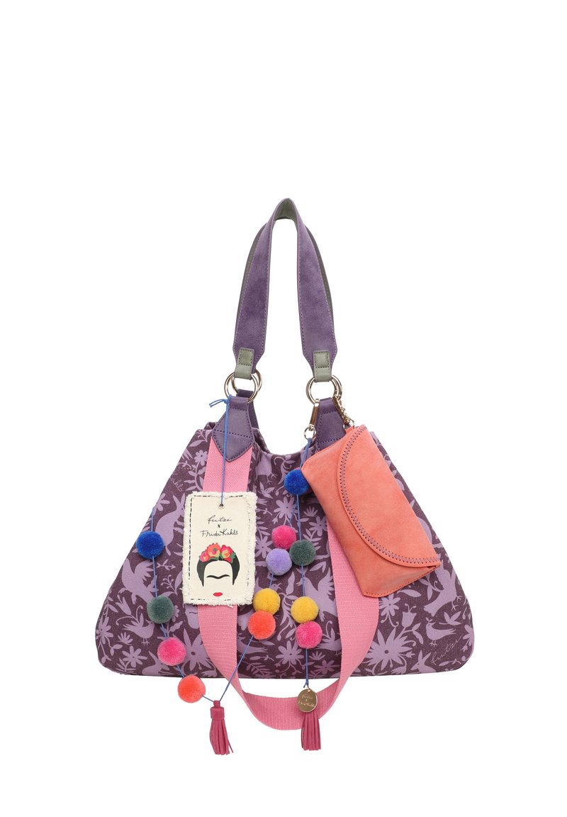 Paarse stoffen tas met roze banden, bloemmotief, 3D-pompons, franjes en een afneembare roze portemonnee. Heeft een Frida Kahlo-tag.