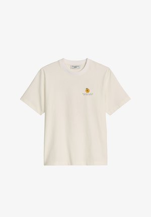 Koszulka w kolorze ecru z krótkim rękawem i okrągłym dekoltem, z małym pomarańczowym motywem owocu oraz napisem "freshness in one zip marc o'polo denim" na lewej piersi.