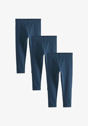 Trei perechi de colanți bleumarin confecționați dintr-un material elastic, având un talie lată și un design până la gleznă, fără buzunare.