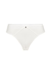 Witte gestreepte bikini slipjes met een gladde textuur en een kleine metalen accente aan de voorkant. Biedt een lage tailleontwerp met minimale bedekking.