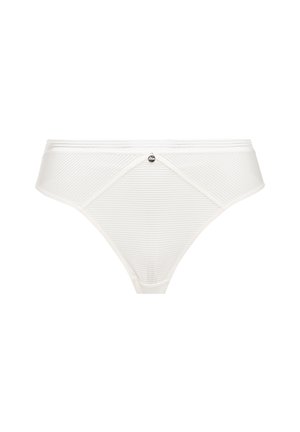 White striped bikini briefs featuring a smooth texture and a small metal accent at the front. Offers a low-rise design with minimal coverage.