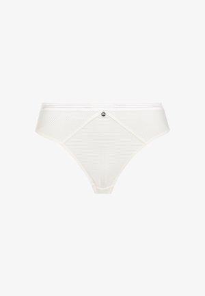 White striped bikini briefs featuring a smooth texture and a small metal accent at the front. Offers a low-rise design with minimal coverage.