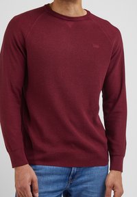 Pull-over bordeaux avec une finition tricotée texturée, manches raglan longues et col et poignets côtelés. Logo de marque discret sur la poitrine.