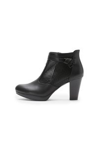 Black ankle boots with a high heel, featuring a smooth leather body and a perforated mesh front panel. Accent strap detail at the ankle.
