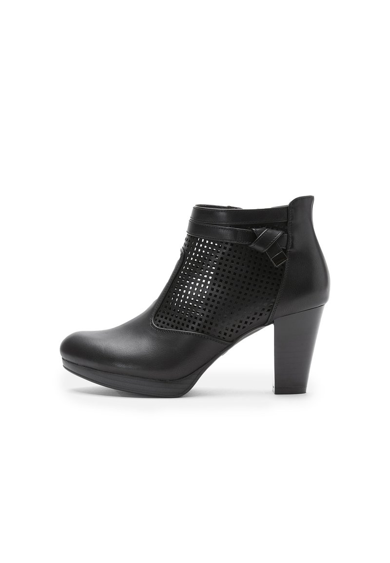 Black ankle boots with a high heel, featuring a smooth leather body and a perforated mesh front panel. Accent strap detail at the ankle.