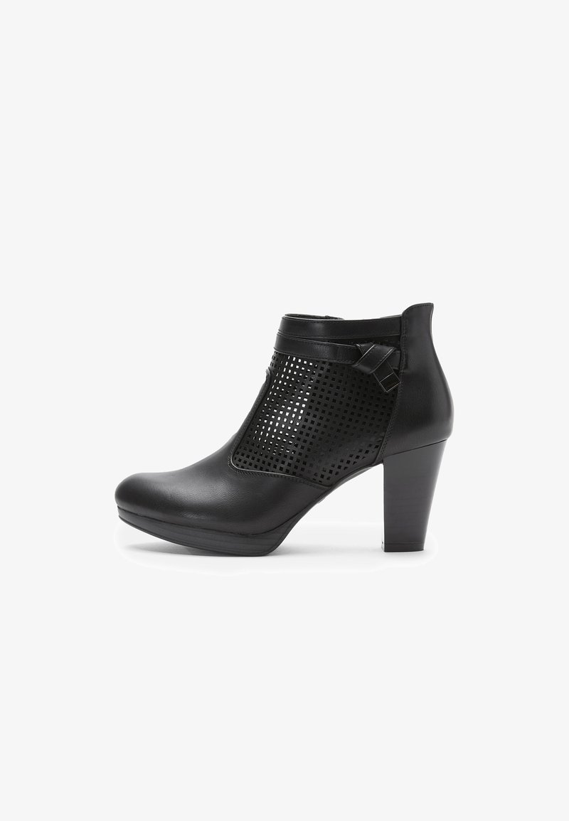Black ankle boots with a high heel, featuring a smooth leather body and a perforated mesh front panel. Accent strap detail at the ankle.