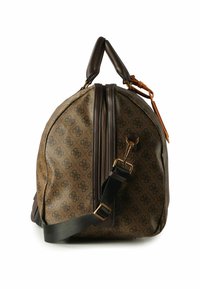 Borsa marrone con motivo a fantasia e dettagli in pelle scura. Presenta doppi manici, tracolla staccabile e una cerniera a doppio senso. Materiale strutturato.