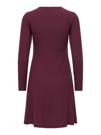 Robe en maille côtelée à manches longues, de couleur bordeaux profond, avec une silhouette en ligne A et un col rond simple, vue de dos.