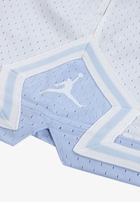 Svetlo modra majica z perforirano teksturo, okrašena z belo obrobo in logotipom Jordan v beli barvi, ki prikazuje igralca v zraku.