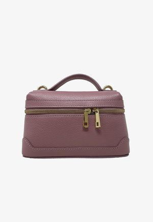 Bolso de mano de cuero rosa con forma estructurada, presenta un asa superior, herrajes de cremallera dorados y detalles de costura en contraste.