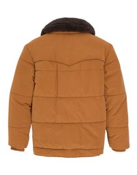 Bruine donzenjas met een zachte donkerbruine kraag, voorzien van een doorgestikt ontwerp en geribbelde manchetten. De achterkant heeft een sluitnaad detail.