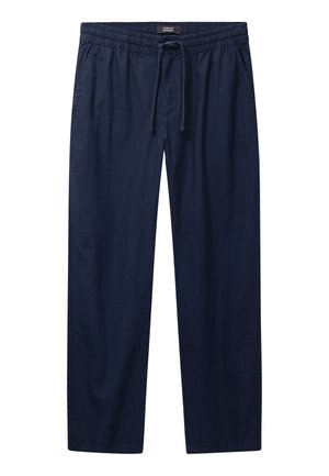 Pantaloni blu navy a vestibilità comoda realizzati in tessuto leggero; presentano una cintura elastica con coulisse e tasche laterali.