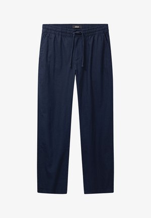 Pantalon bleu marine à coupe décontractée fabriqué en tissu léger ; doté d'une taille élastique avec cordon de serrage et de poches latérales.