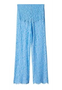 Lichtblauwe kantbroeken met een wijd model, voorzien van een bloemenpatroon en een golvende zoom. Gemaakt van een gestructureerd, luchtig kantmateriaal.