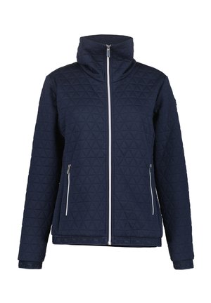 Marineblauwe gewatteerde jas met hoge kraag, voorzien van een ritssluiting aan de voorkant en twee zijzakken met ritsen. Gebreid patroon en elastische manchetten.