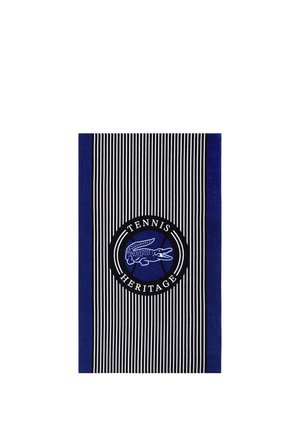 Asciugamano a righe blu e nere con un logo circolare che presenta un coccodrillo e le parole "Tennis Heritage" al centro.